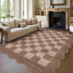 Garvee 5x7 Scalloped Rug for Living Room Washable Bedroom Area Rug Modern Checkered Office Carpet Neutral Soft Nursery Rugs Low Pile Non Slip Farmhouse Rug Brown