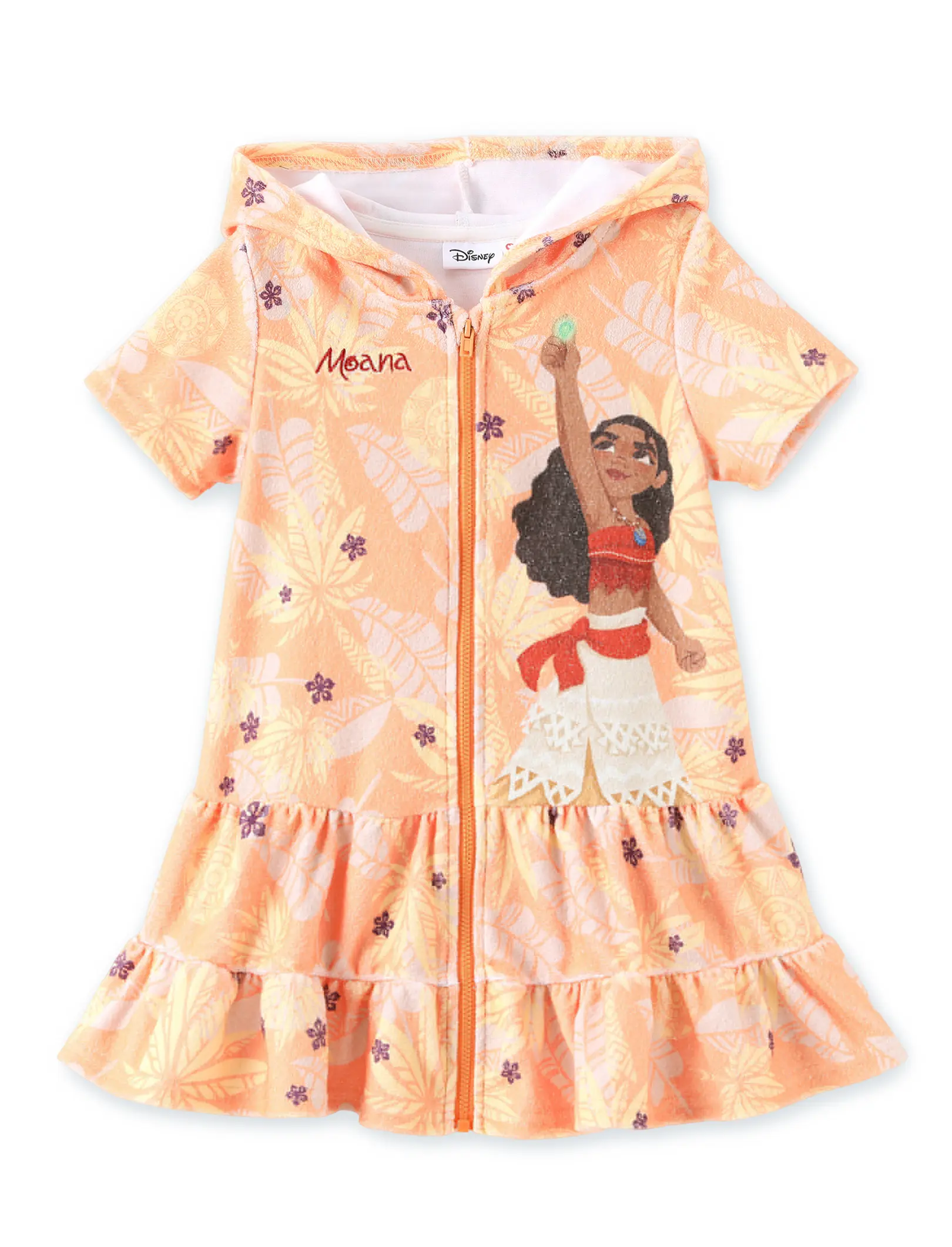 Disney Moana Toddler Girls Hooded Zip-Up Swim Cover-Up Dress, Orange Tropical Print Ruffle Hem Beach Pool Coverup for Kids 2-12 Years