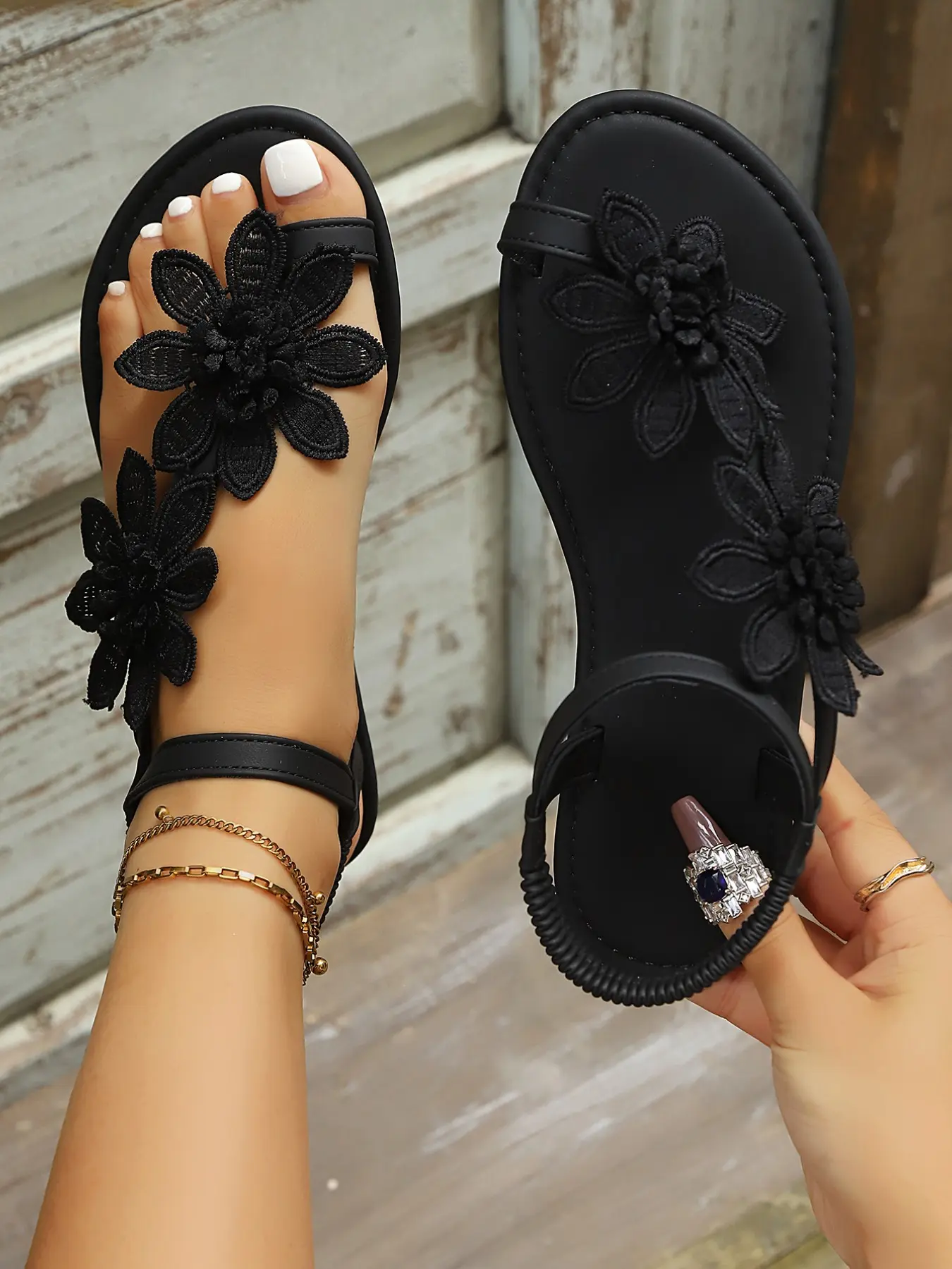 2026 Floral Decor Flowers Flat Sandals, Open-Toe, Soft Rubber Sole, Casual Style, Comfortable & Durable Material, Perfect for Spring and Summer