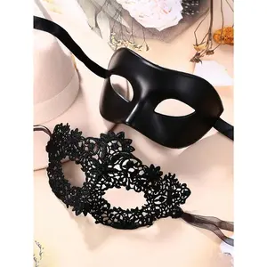 2pcs Black Lace-Plastic Couple Masquerade Party Masks, Vintage Boho Fashion Accessories with Lace Detail, Ideal for Halloween Party, Makeup Ball