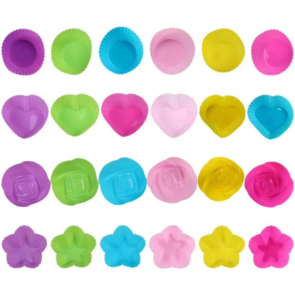 24 Packs 2.75-Inch Silicone Cupcake Liners for Baking, Reusable Muffin Cups Greaseproof Muffin Liners Nonstick Baking Molds with Round, Stars, Heart, Flowers Shape