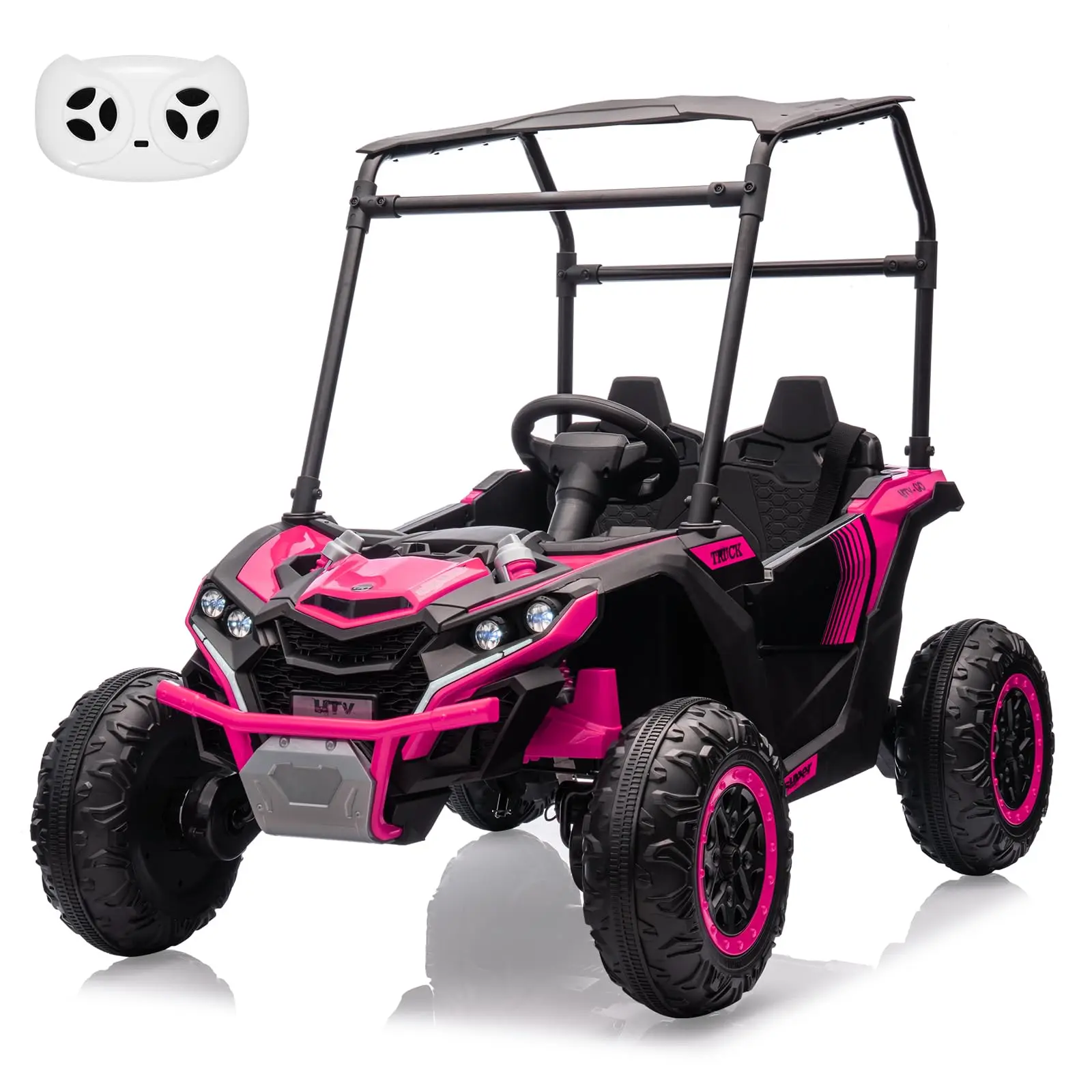 GARVEE 24V 2-Seater 4WD Electric UTV Truck for Kids - Safety, Parent Control, Sun Shade, 4 LED Lights, 4 Shock Absorbers, 3 Speeds, Horn, Built-in Music, Rose Color Ideal Gift, Kids Toys, Outdoor Kids Stuff