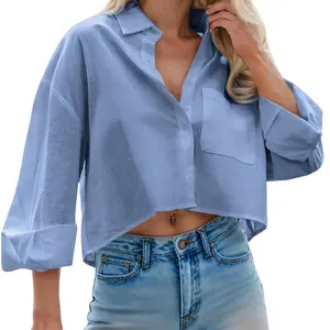 ZEAGOO Women Cropped Button Down Shirts Long Sleeve Blouses Casual Work Crop Tops with Chest Pocket