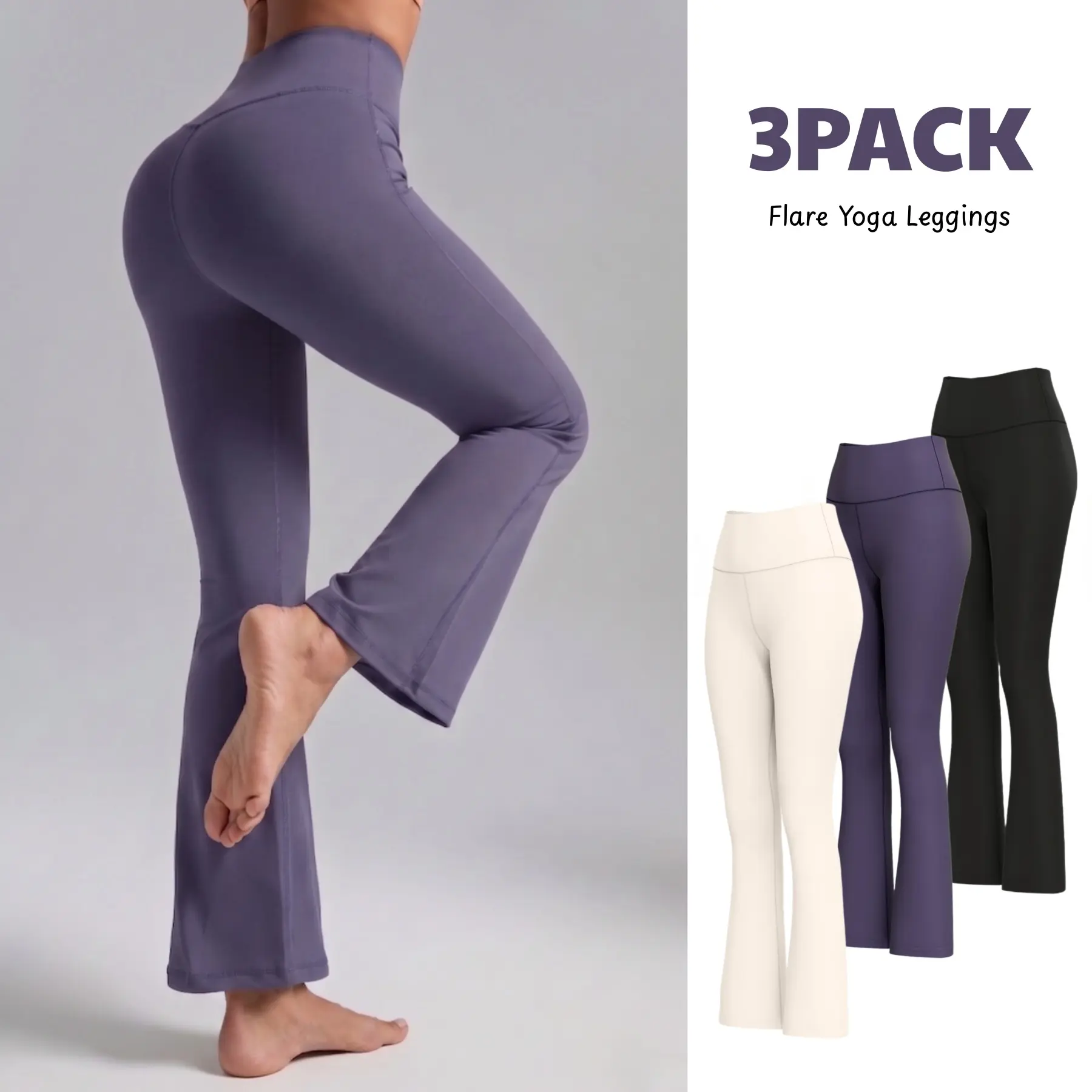 Women's 3-Pack High-Waisted Butt-Lifting Flare Yoga Pants, Magically Stretchy Non-See-Through Flare Leggings Style Sports Bottoms for Yoga, Workouts, Magically Stretchy Women's Sports Leggings, Active Activewear, Athleisure Gym Clothes, Body Sculpt Leggin