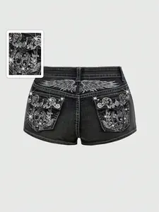 ROMWE Y2K Denim Shorts Low Waist Skull Embroidery Ultra Short Edgy Streetwear Festival Outfit