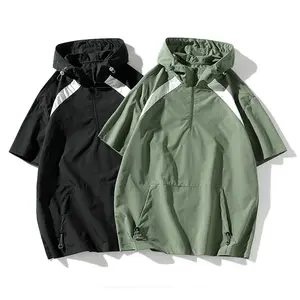 Casual hooded T-shirt, cargo short-sleeve quick-dry outdoor hoodie, quarter-zip, kangaroo pocket, urban outdoor, street style, polyester fabric