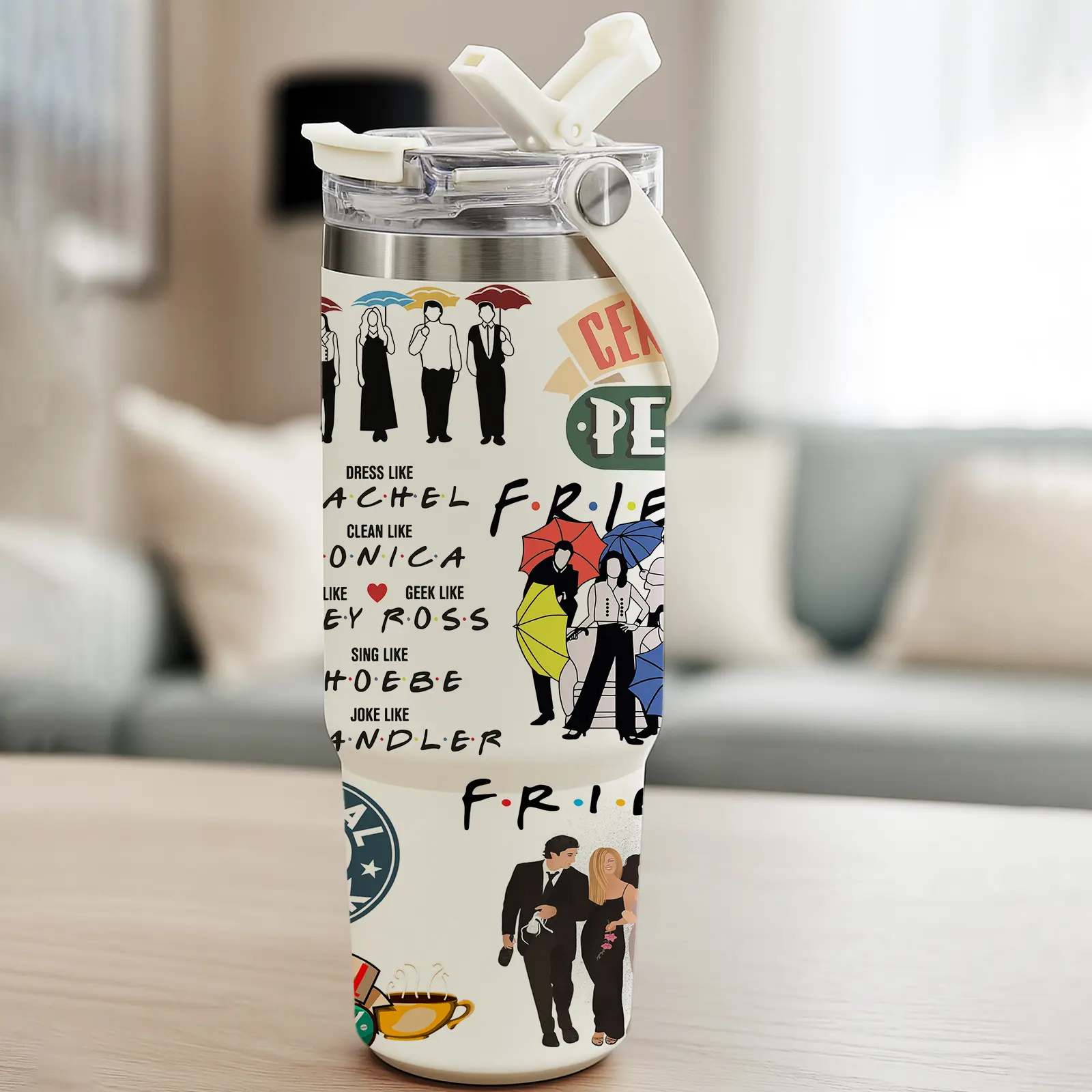 Auracup 1pc 30oz Stainless Steel Insulated Tumbler Flasks with Lid & Straw, Funny Friends TV Show Design, Keeps Hot 12H / Cold 24H, Unique Gift for Coffee Lovers & Sitcom Fans, Ideal for Office & Travel