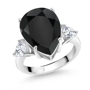 Gem Stone King 8.31 Cttw Pear Shape Black Onyx and White Moissanite 3 Stone Ring For Women | 925 Silver | Gemstone Birthstone | Three Stone Wedding Engagement Anniversary Ring For Women