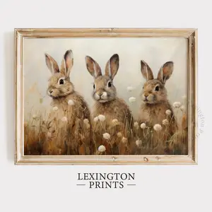 Spring Bunny Rabbits Spring Decor, Vintage Farmhouse Print, Vintage Rabbit Painting Spring Print, Moody Spring Wall Art