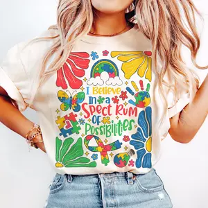 I Belive In A Spectrum Of Possibilities Shirt, Retro Autism Bow Shirt, Puzzle Autism, Autism Awareness Shirt Comfort Cotton