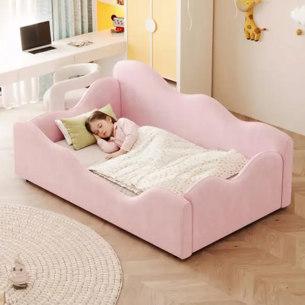 Bellemave Soft Padded Floor Bed with Detachable Guardrails, High Headboard, Footrest, and Compatibility with American Standard Mattresses Marshmallow Bed Frame Cream Bed Frame