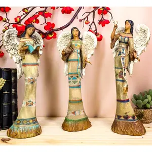 Set Of 3 Native American Female Angels Holding Bible Dove And Basket Figurines