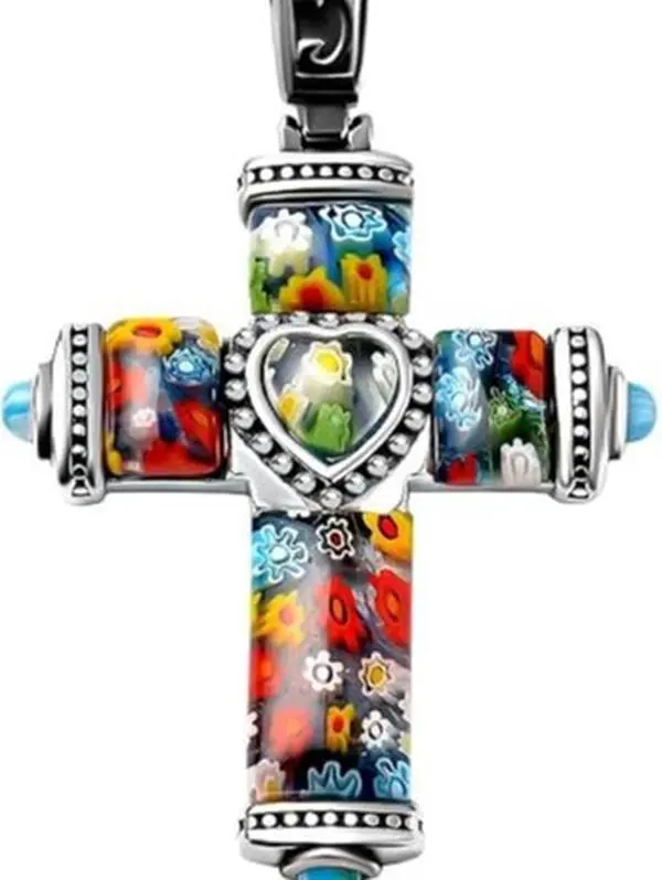 Multi Color Murano Style Cross Pendant Necklace 20 inch in Black Oxidized Stainless Steel