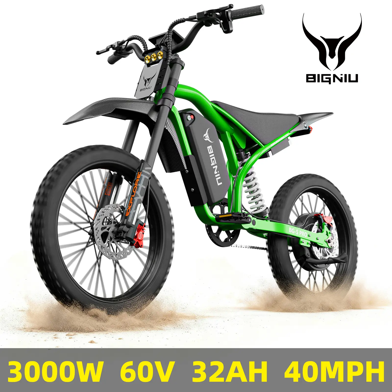 【BIGNIU BG-S PRO】Adult Electric Bike – 19-inch tires, 3000W peak motor, 60V 32A battery, dual hydraulic brakes, suitable for both off-road and city riding. BGS Pro.