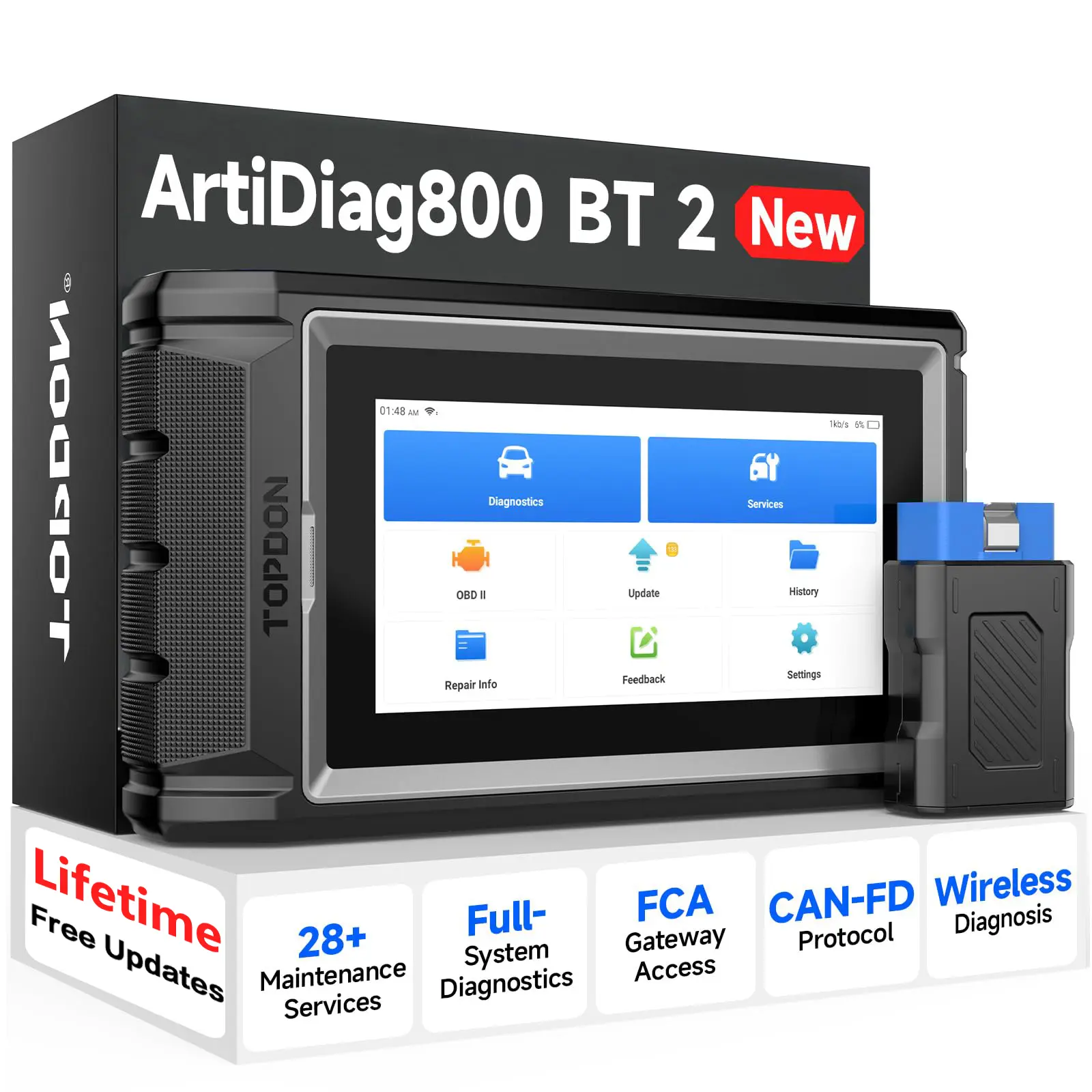 TOPDON AD800BT V2.0 Compact Bluetooth Automotive Diagnostic Scanner - Bidirectional Full-System Tool, CANFD Ready, FCA AutoAuth, 28+ Services, Code Clearing, Android10, Lithium Ion, Password Envelope, Lifetime Free Updates, Fathersdaygift
