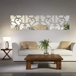 3D Mirror Wall Stickers, Acrylic Square Geometric Decorative DIY Art Decals, Self-Adhesive Plastic Tiles for Home Decor, Wall Decoration, Living Room Bedroom Staircase (floral Pattern)