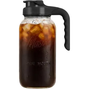 Mason Jar Pitcher - Airtight & Leakproof Glass Pitcher with Lid,  for Breastmilk, Cold Brew Coffee, Sun , Water & Drinks, 2 Quart (64 oz) Wide Mouth Mason Jar with Pour Spout Lid - Black