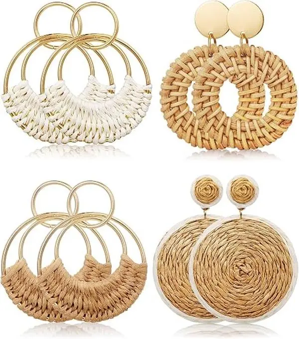 4-Pair Handmade Raffia Rattan Bohemian Round Drop Dangle Earrings for Women – Boho Statement Cute Fun Hoop Earrings Set, Lightweight Nature-Inspired Accessories for Summer, Beach, Festivals, and Daily Wear