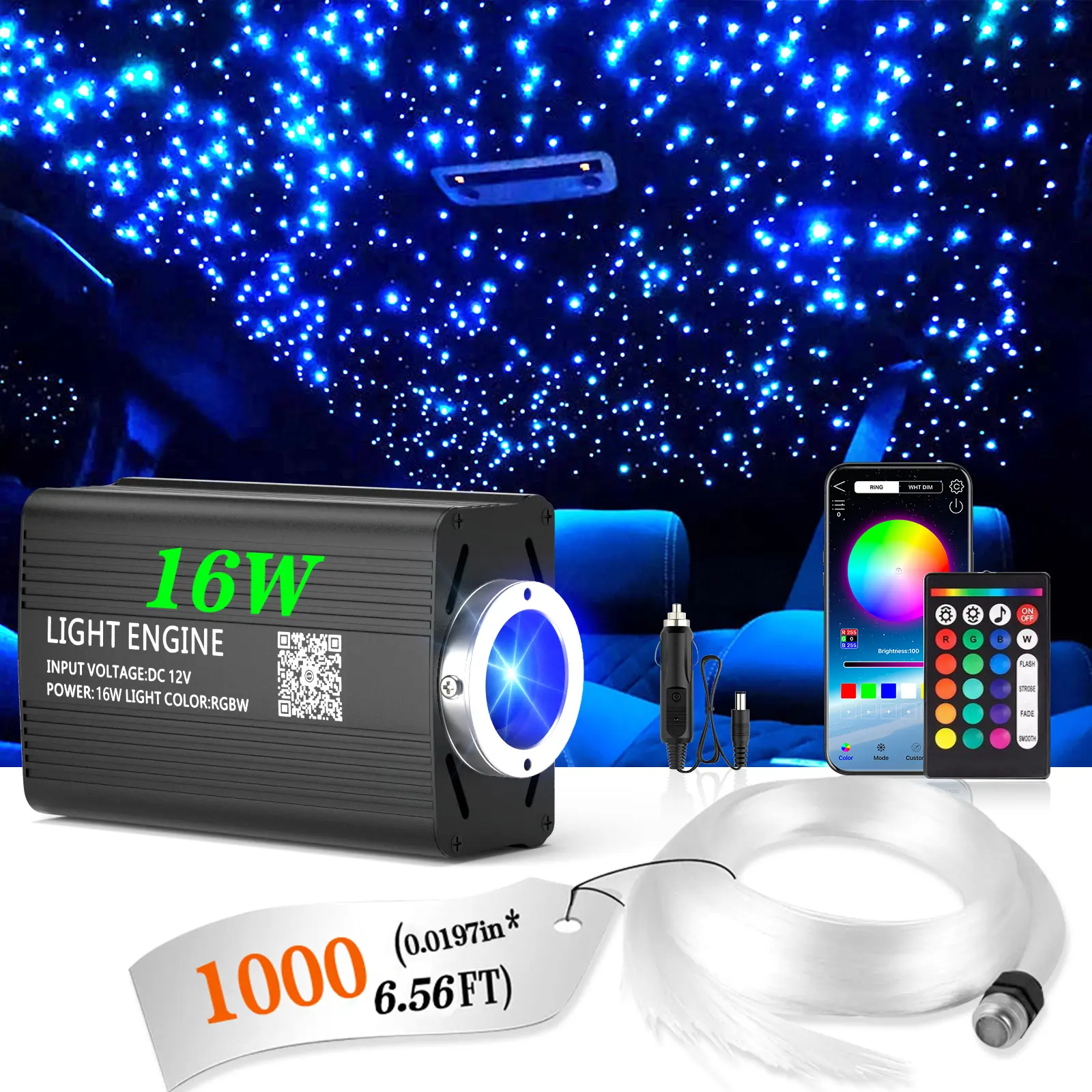 1000pcs 0.02in 6.5ft Fiber Optic Starlight Headliner Roof Kit, Car Decorative Light with RGB LED, App+24-Key Remote Control Color Changing, 15 Static Colors, Fade/Jump/Spark Modes, Adjustable Brightness & Speed, Automotive Atmosphere Accessory, Led Lights