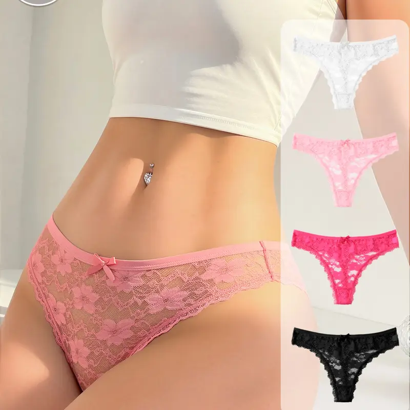 HOTCOM 4-Pack Women's Seamless Lace Floral Bow Design Triangle Panties, Soft Breathable Comfortable Everyday Wear, All-Seasons Ladies' Underwear Lingerie, Lace Patterned Underwear, Breathable Fit Panties, Lace Fitted Panty
