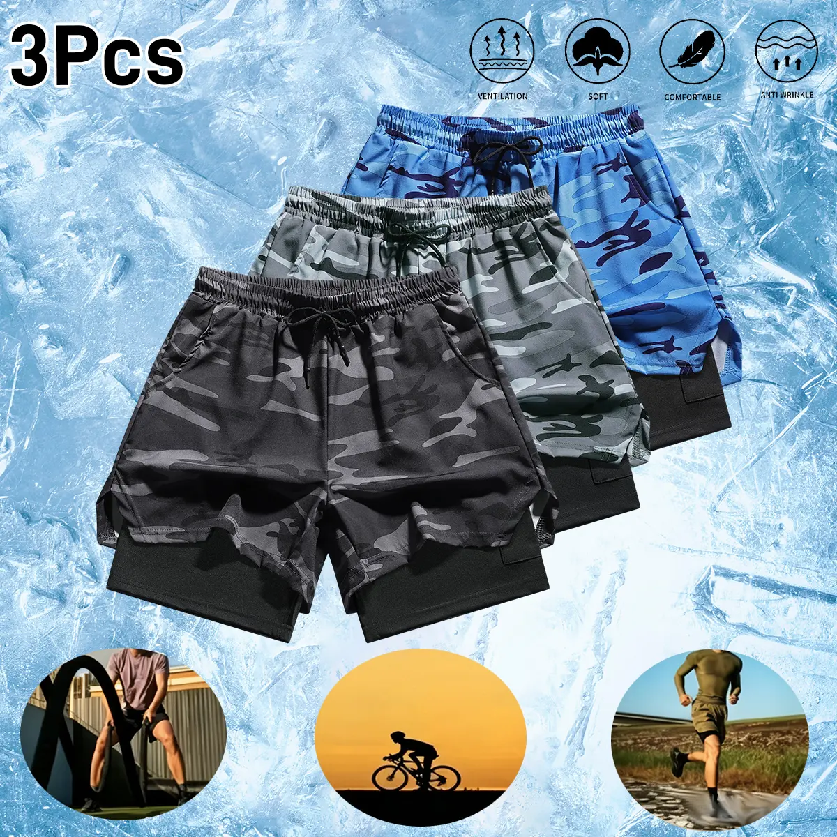 3-pack men’s double-layer shorts: summer 2-in-1 quick-dry 3-inch inseam shorts; fitness/casual running shorts; stretch, breathable shorts with a phone pocket; durable design—essential for summer.