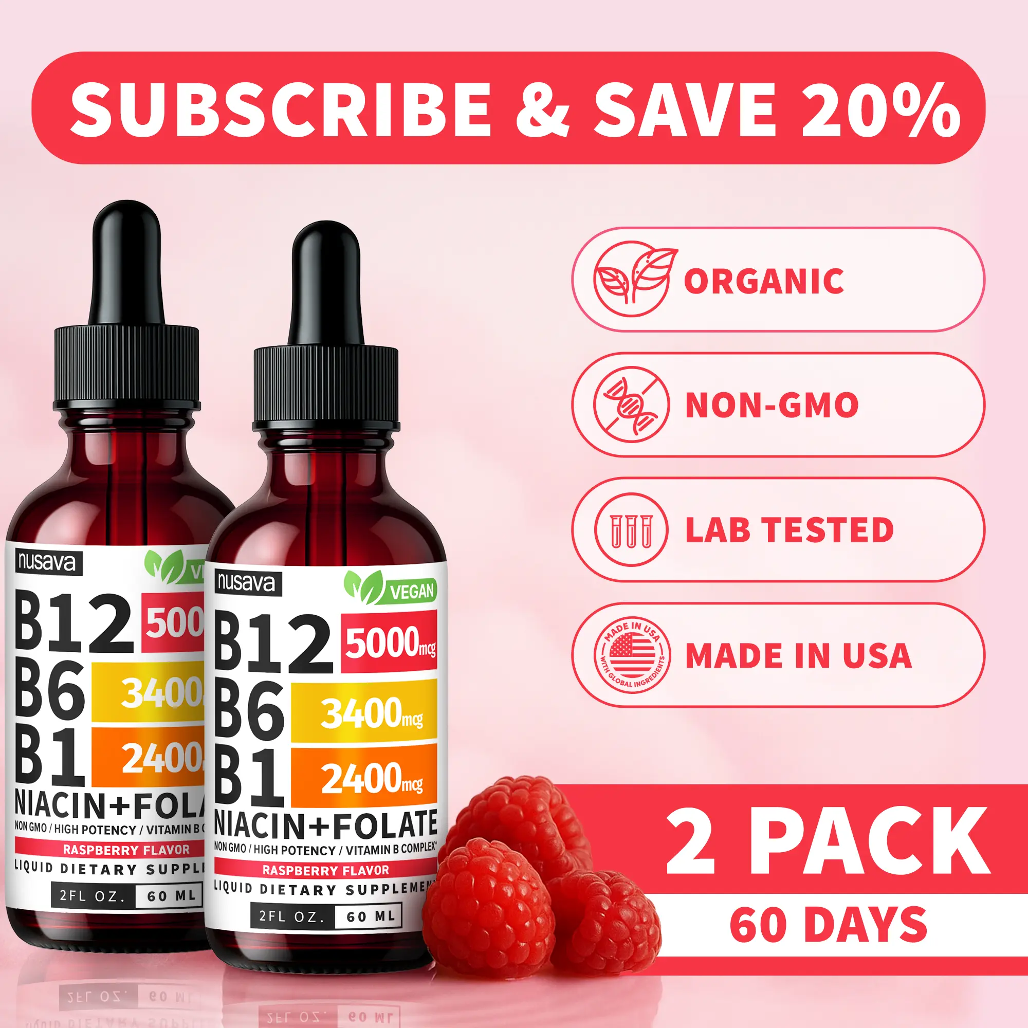 (2-PACK) Vitamin B12 Liquid Supplement Drops with B6, B1, Niacin & Folate - Edible Support for Energy, Brain & Heart, Non-GMO & Gluten-Free, 4 FI Oz