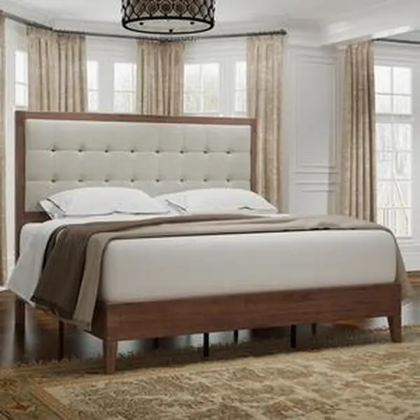VanAcc Solid Wood Bed Frame with Upholstered Tufted Headboard, Solid Wood Foundation, Platform Bed with Luxury Pull-spot Tufted Design, Unique Bedroom Furniture, No Box Spring Needed