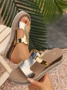 Women's Metallic Wedge Espadrille Slide Sandals, Open Toe Platform Wedge Sandals, Summer Casual Beach Shoes for Ladies