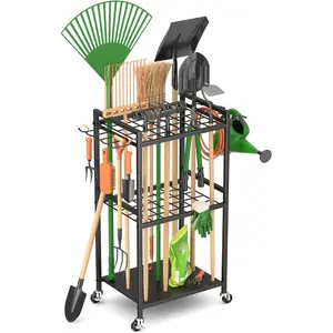 Garden Tool Organizer With Wheels, Yard Tool Tower Rack for Garage Organization and Storage, Up to 35 Long-Handled Tools/Rakes/Brooms, Heavy Duty Steel Garden Tool Stand for Shed, Outdoor, Black summergarden