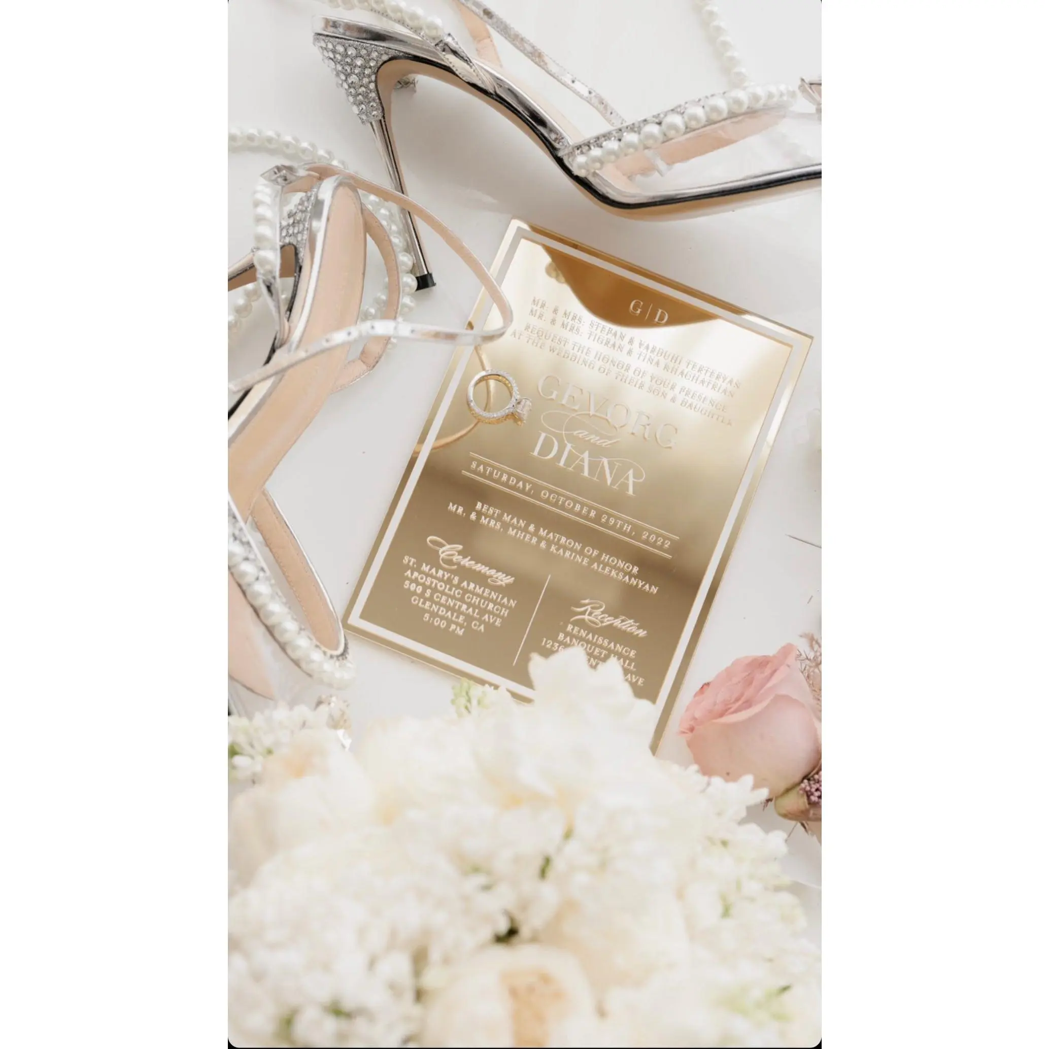 The Frame'd | Modern, Acrylic Gold Mirror Wedding Invitation