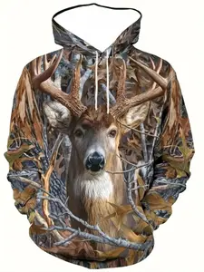 Men's Casual Hoodie Sweatshirt with 3D Deer Print, Full Zipper Outdoor Streetwear, Long Sleeve Pullover