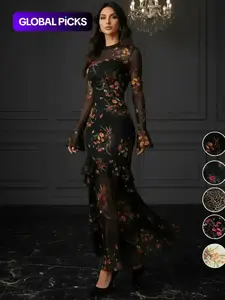 Women's Floral-Print Fitted Dress, Elegant Vintage Gothic Flared Long Sleeve Dress for Party Holiday Wedding Guest, Ladies' Clothes for All Seasons