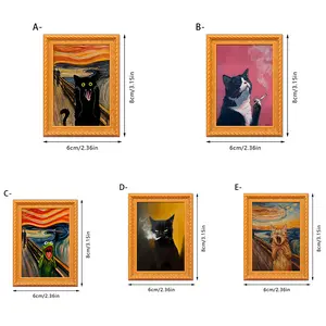 Black Cat Series Oil Painting Style Screaming Kitten Magnetic Photo Frame Wooden Retro 6cm x 3.15in Magnetic Refrigerator Sticker Decor