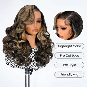 Body Wave Highlight Color Pre-Styled 13×4 Ready to Go Lace Front Wig Glueless Loose Body Wave Wig Pre Bleached Pre Cut Lace