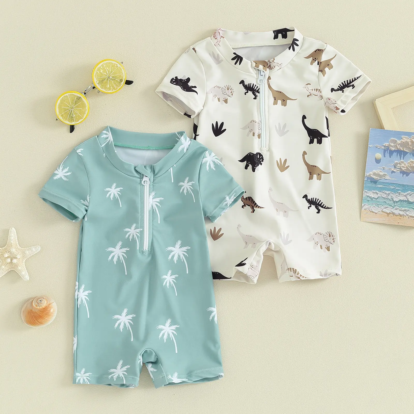 Infant Baby Boys Swimsuit  Tree/Dinosaur Print Zipper Rash Guard Short Sleeve Toddler Swimwear Beach Bathing Suit