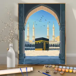 1 PC Sacred Arch Window: A Faithful Realm of the Kaaba and Flying Birds, 16×20 Inches - Frameless, Acrylic Diy Decorative Painting - Acrylic Paint by Numbers Kit for Beginners - Home Wall Decor & Gifting - Frame Not Included