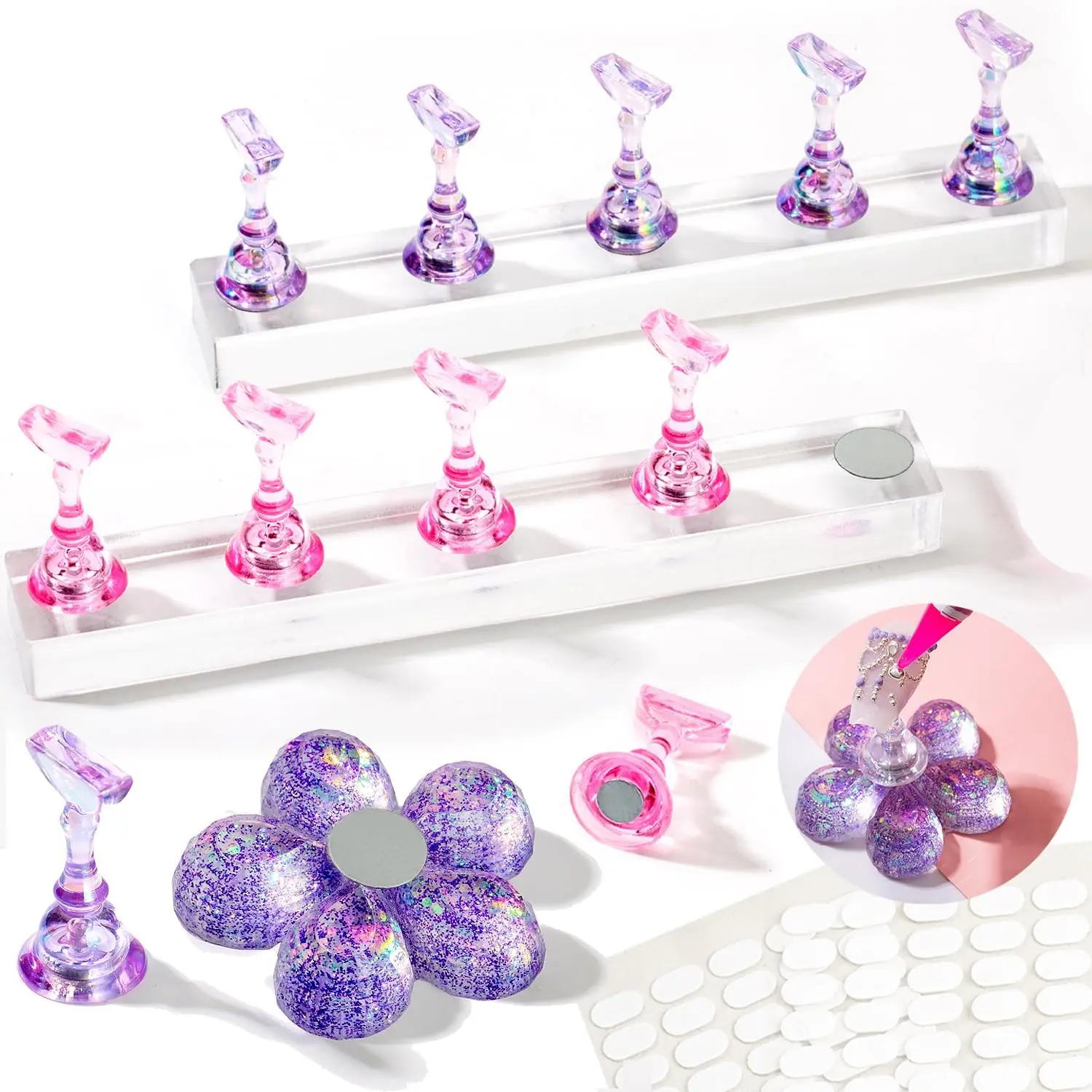 2 Nail Stand for Press Ons, Fake Nail Holder for Painting Nails, Upgrade Solid Acrylic Nail Stands Nail Magnets for Nail Art Design, Flower Nail Holder for Nail Practice Display Supplies W/ Glue Tips