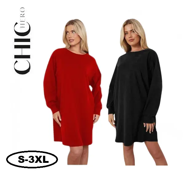 Thechichero Women's Plus Size Plain Jersey Dress, Minimalist Long Sleeve Raglan Style in a Soft Cotton Blend, Comfortable Pull-On Fit for Casual Party Wear, Evening, Machine Washable