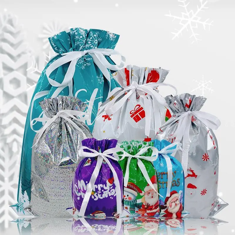 7-Piece Halloween and Christmas Gift Bag Set, Polypropylene Drawstring Packaging Bags, Festive Gift Wrapping for Christmas Theme Parties