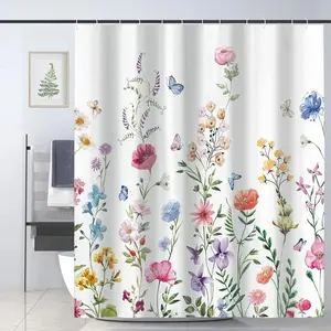Fabric Shower Curtain, Floral Bathroom Shower Curtains with Hooks, Watercolor Plant Shower Curtain, Machine Washable, 72" W x 72" H