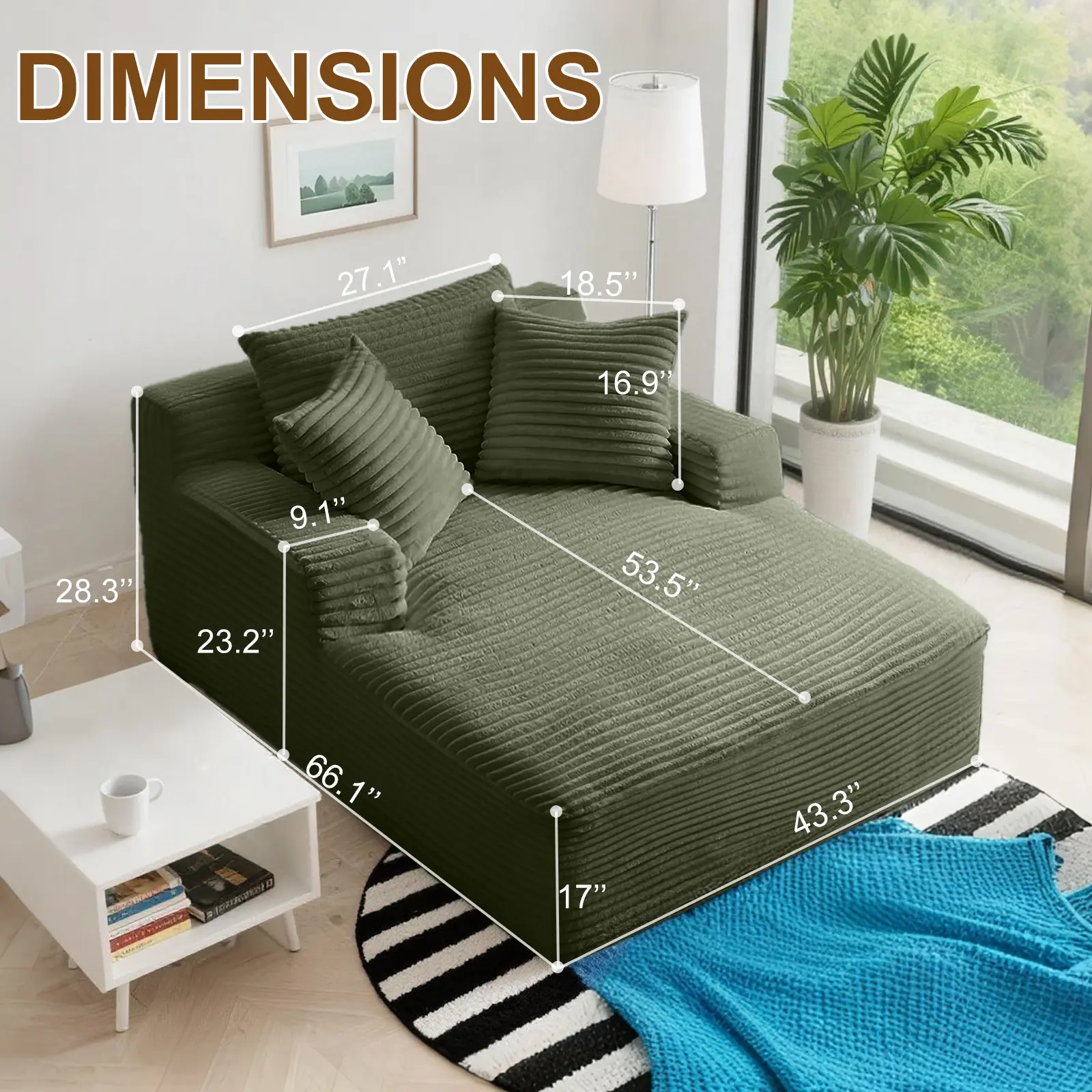 Green Plush Corduroy Single Seat Chaise