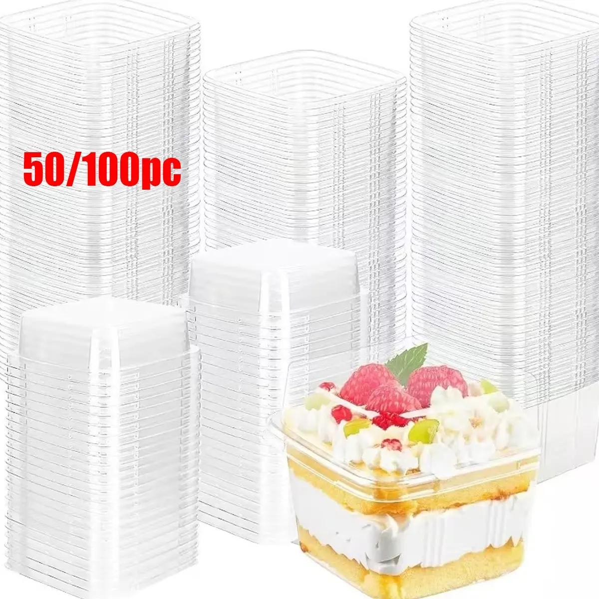 50/100pc Square Clear Cake Boxes with Lids, 250ML Dessert Packaging, Bakeware, Durable, Lightweight and Portable, Ideal for Restaurants, Cafes, Holidays, Weddings, Camping, Premium Cake Box