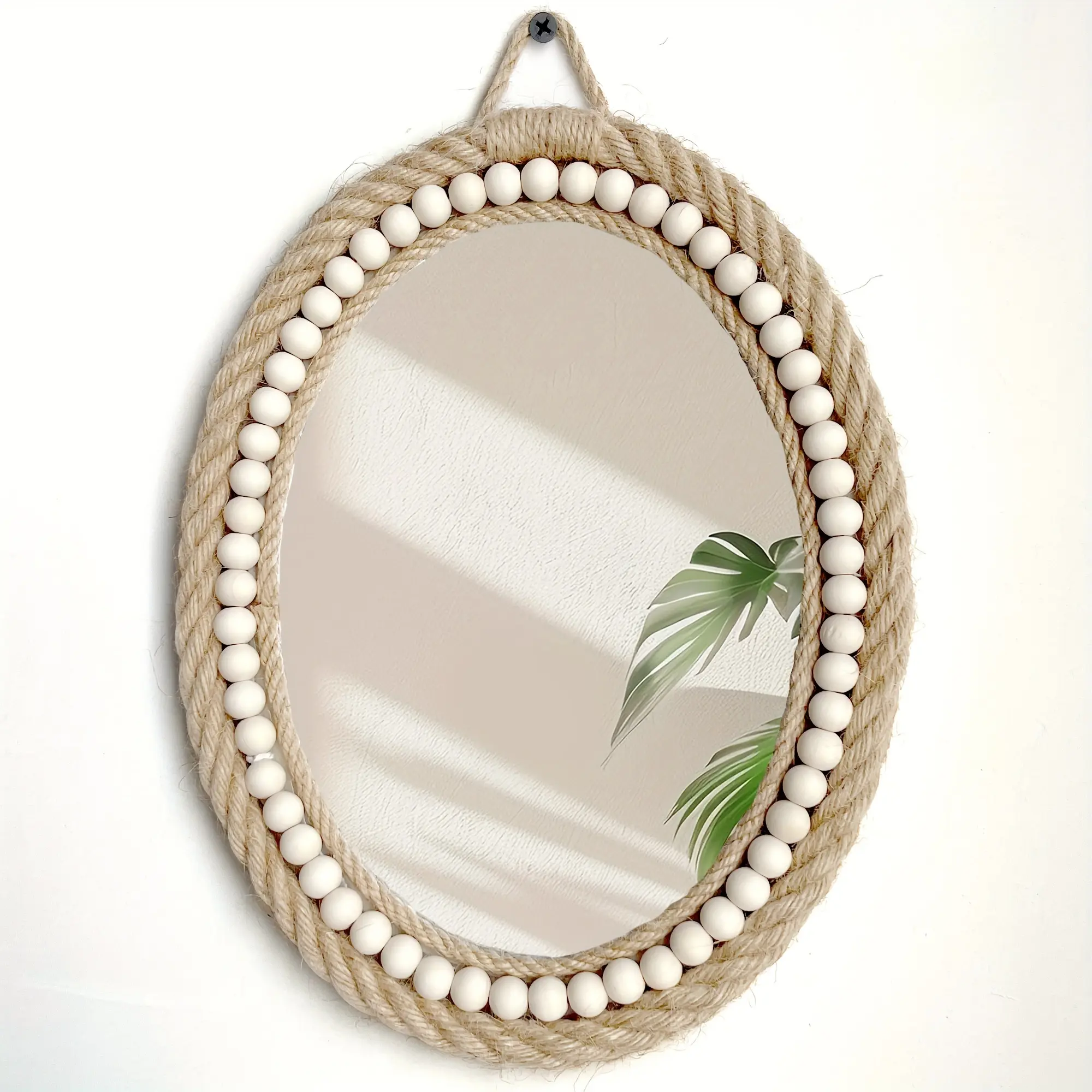1pc Viral Boho Jute Wood Beaded Oval Wall Hanging Mirror Home Decor Decorative Mirror Dressing Mirror Vintage Rustic Mirror Soft Bedroom Living Room Aesthetic Decor