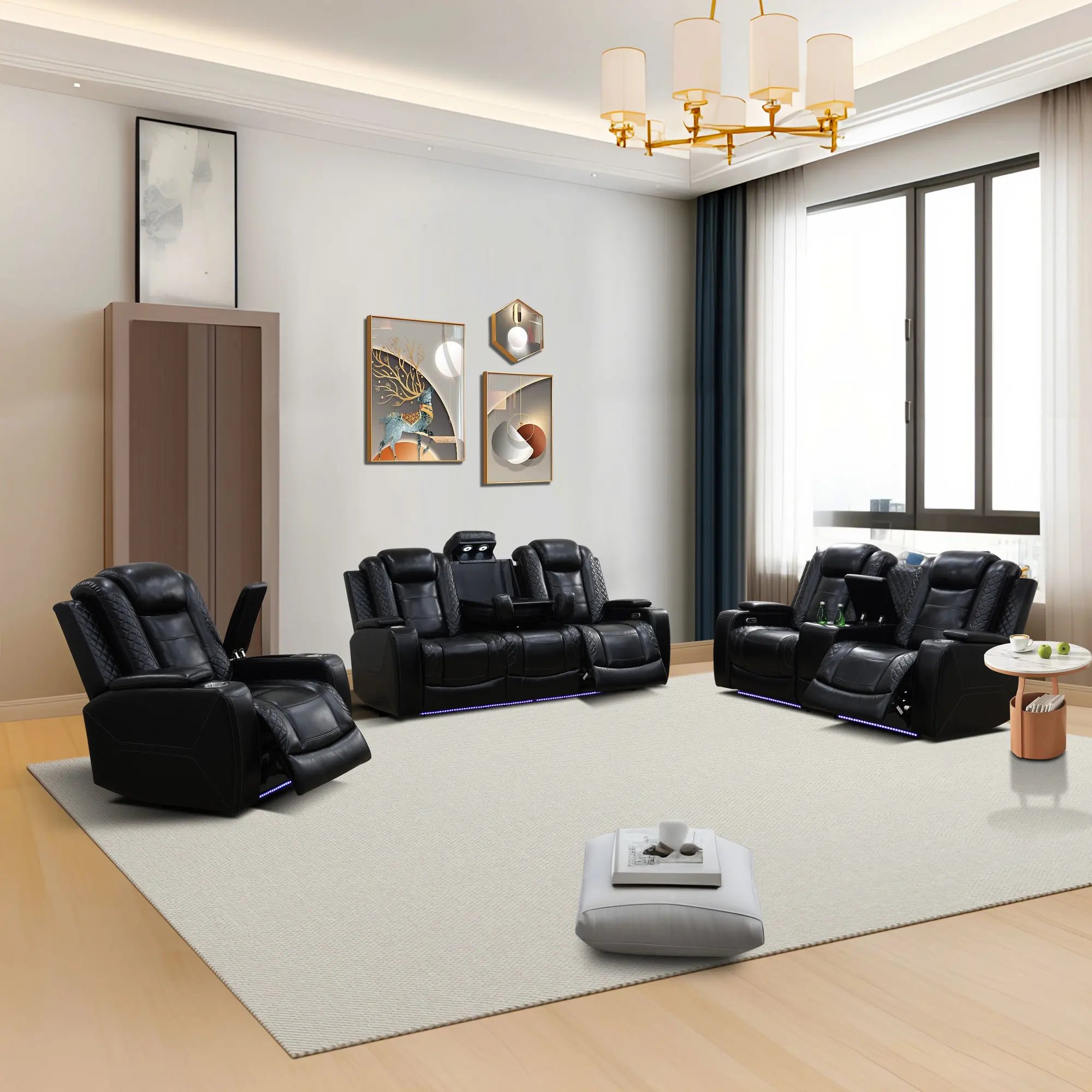 Black Breathable Faux Leather Power Recliner Sofa Set (3-Piece) - Diamond Quilted Living Room Furniture, Includes Single Recliner Chair, 3-Seater Sofa, 2-Seat Loveseat with Center Console & Cup Holders