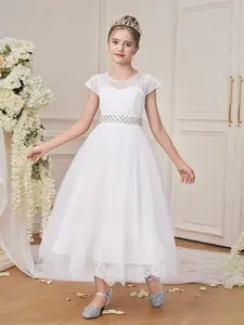 7-12Y White 0061 Kids Clothes Flower Girls Princess Long Ball Gown Frock Beading Lace Mesh Ball Gown Children Formal Evening Party Banquet Pageant Prom Host Cocktail Dress