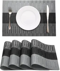 Black Placemats Set of 4 Heat-Resistant Washable Place Mats Non-Slip Vinyl Woven Table Mats Wipeable Placemat for Kitchen Dining Table Decoration Indoor Outdoor Coasters Reusable Tableware