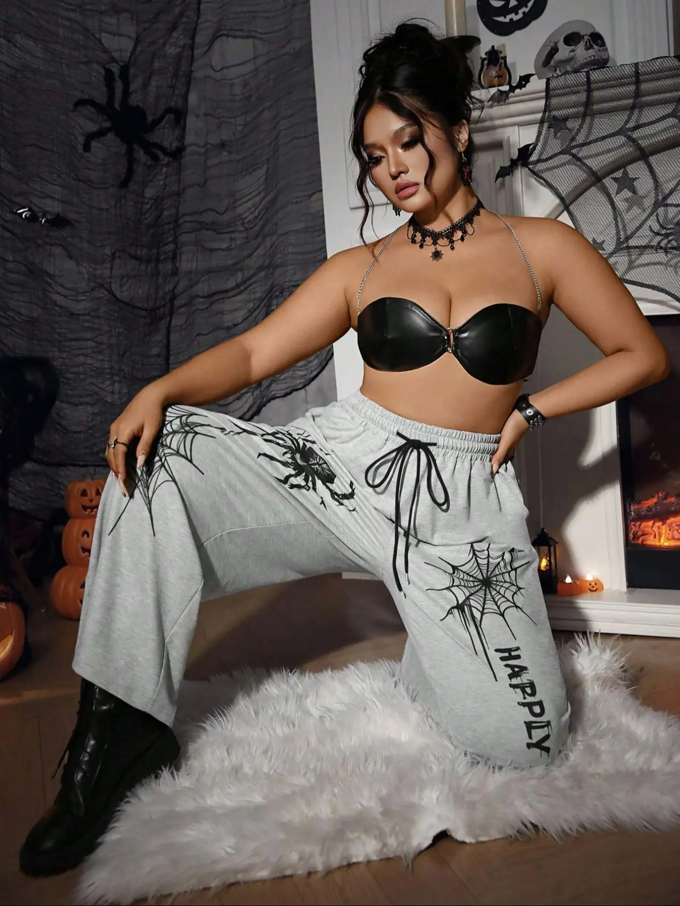 Women's Casual Sporty Pants, Spider Web Print Drawstring Loose-Fit Wide Leg, All-Season Comfortable Ladies' Long Trousers