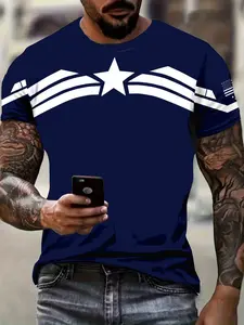Men's Captain America Theme Short Sleeve Print Crewneck T-Shirt, Fashionable Casual Design, Comfortable Breathable, Perfect for Daily Wear and Sports Leisure