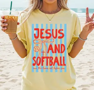 Comfort Colors Christian Softball Mom Shirt, Jesus and Softball Game Day Tee, Baseball Mom Essentials Graphic T Shirt, Women’s Casual Tee, Cute Faith Gift for Mom