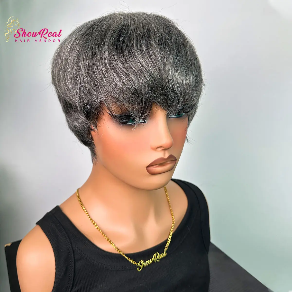 ShowRealHair Salt And Pepper Pixe Cut Grey Pixie Cut Wig Short Wig for Women Grey Chioma Pixie wigs Short Straight Grey Hair Natural Look Perfect Daily Wear